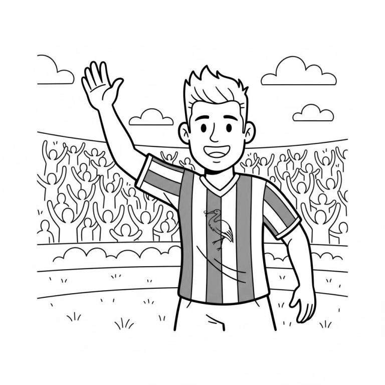 Zwart-wit kleurplaat van een blije ADO Den Haag voetballer met ooievaarlogo, zwaaiend naar juichende fans in een stadion.