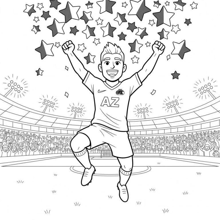 Zwart-wit kleurplaat van een juichende AZ voetballer die in een stadion met publiek omhoog springt, omringd door vallende sterren.
