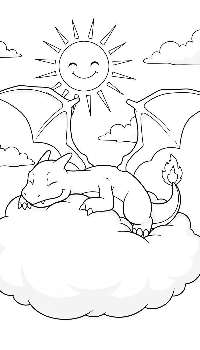 Zwart-wit lijntekening van een slapende draak, gelijkend op Charizard, die rust op een grote wolk onder een lachende zon, met kleinere wolken in de achtergrond.