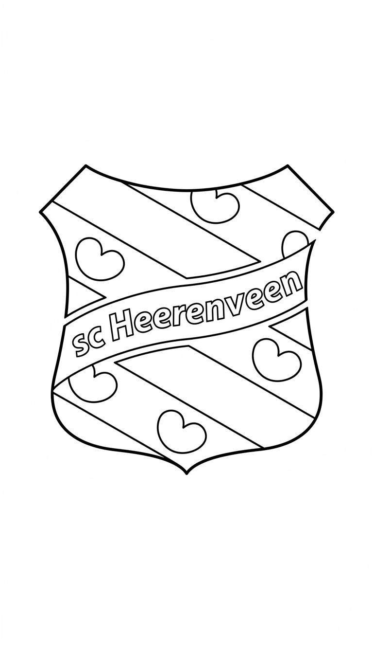 Zwart-wit lijntekening van het SC Heerenveen clublogo, een schild met diagonale strepen, pompeblêden en een banderol met "sc Heerenveen", klaar om in te kleuren.