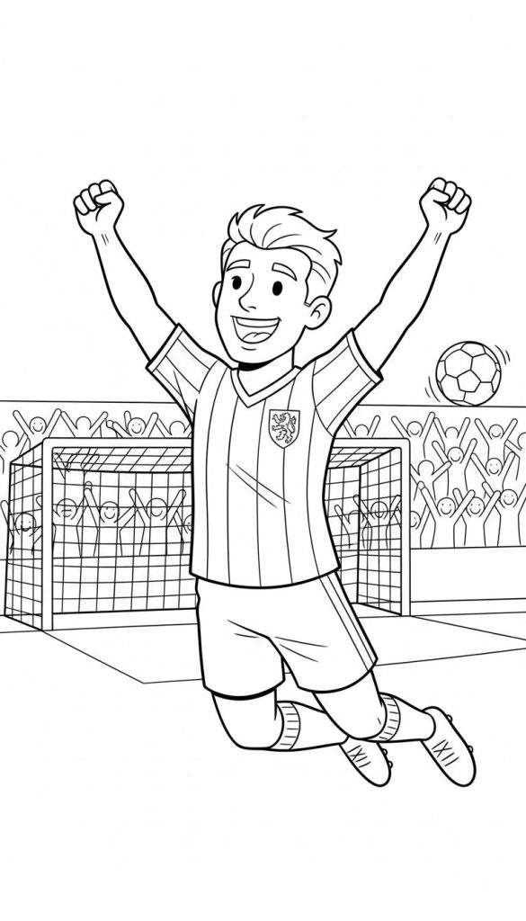 Zwart-witte lijntekening van een juichende Willem II voetballer met gestreept shirt en leeuwenwapen, voor een voetbaldoel en juichend publiek.