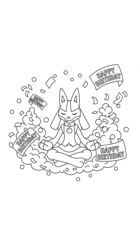 Kleurplaat van Pokémon Lucario in meditatiehouding op wolken, omringd door confetti en 'HAPPY BIRTHDAY' slingers.