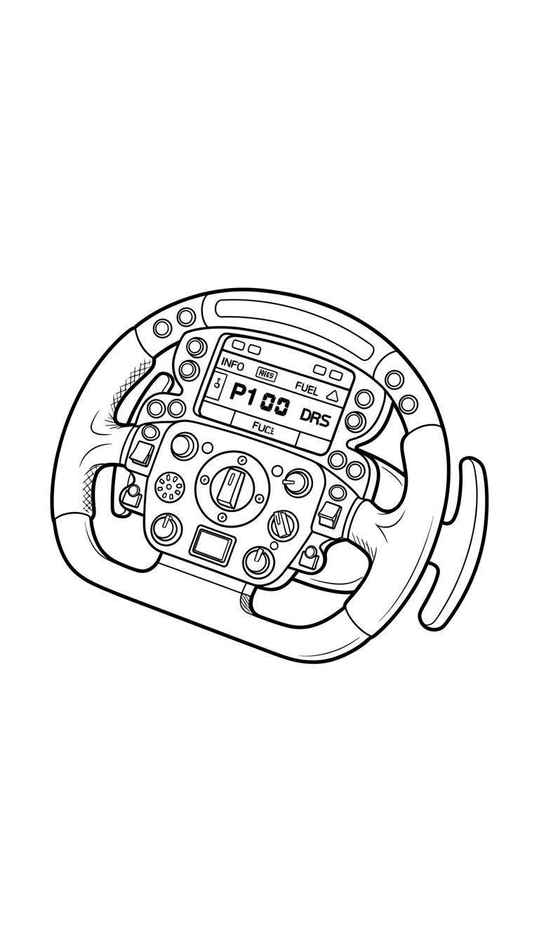 Zwart-witte lijntekening van een gedetailleerd Formule 1/racesimulator stuurwiel in Red Bull thema, met centraal digitaal scherm, diverse knoppen, draaiknoppen en schakelflippers.
