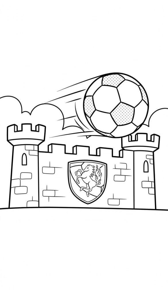 Zwart-wit kleurplaat van een kasteel met twee torens, een wapenschild met een steigend paard, en een voetbal met snelheidslijnen die erboven vliegt. Het geheel heeft een FC Twente-thema.