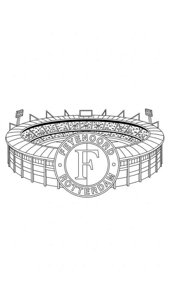Kleurplaat van het Feyenoord stadion De Kuip met tribunes, lichtmasten en een groot Feyenoord logo met de tekst 'FEYENOORD ROTTERDAM' en de letter 'F'.