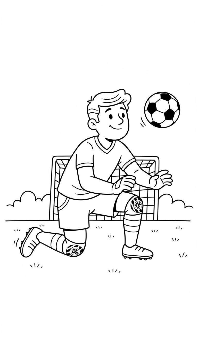 Zwart-wit kleurplaat van een lachende Roda JC voetballer (jongen) in actie, knielend voor een doel om een zwevende voetbal te vangen op een grasveld met heuvels.