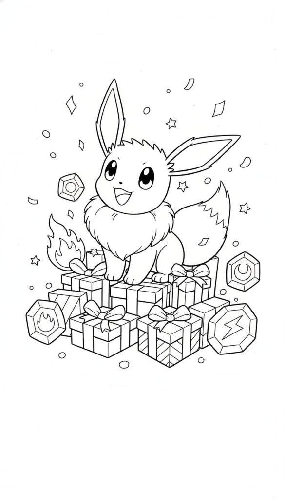 Lachende Eevee op cadeautjesstapel met zwevende evolutiestenen (vlam, bliksem, maan) en feestelijke decoraties, als zwart-wit kleurplaat.