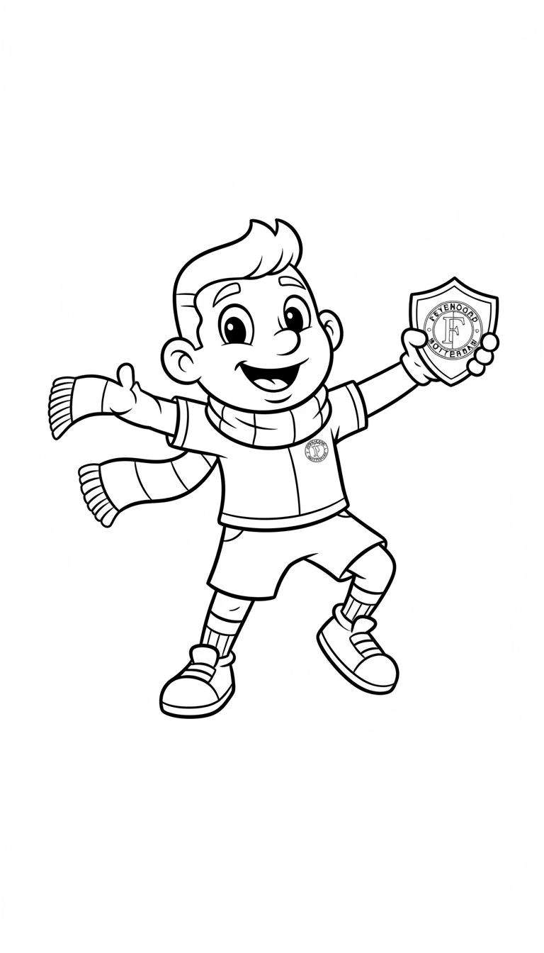 Zwart-wit kleurenplaat van een juichende, lachende Feyenoord-supporter jongen met een Feyenoord-embleem in zijn hand en een sjaal om zijn nek.