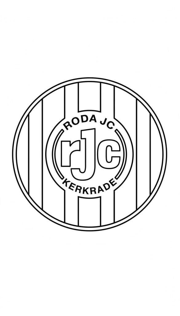 Zwart-wit kleurplaat van het Roda JC Kerkrade voetbalclublogo, met verticale strepen en de teksten "RODA JC", "rjc", en "KERKRADE".