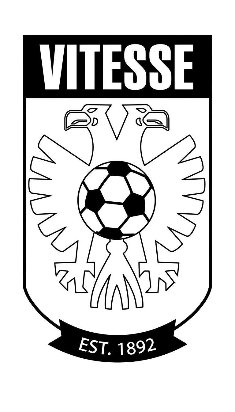 Kleurplaat van het Vitesse voetbalclub logo, met de naam VITESSE bovenaan, een dubbelkoppige adelaar en voetbal in het midden, en 'EST. 1892' onderaan.