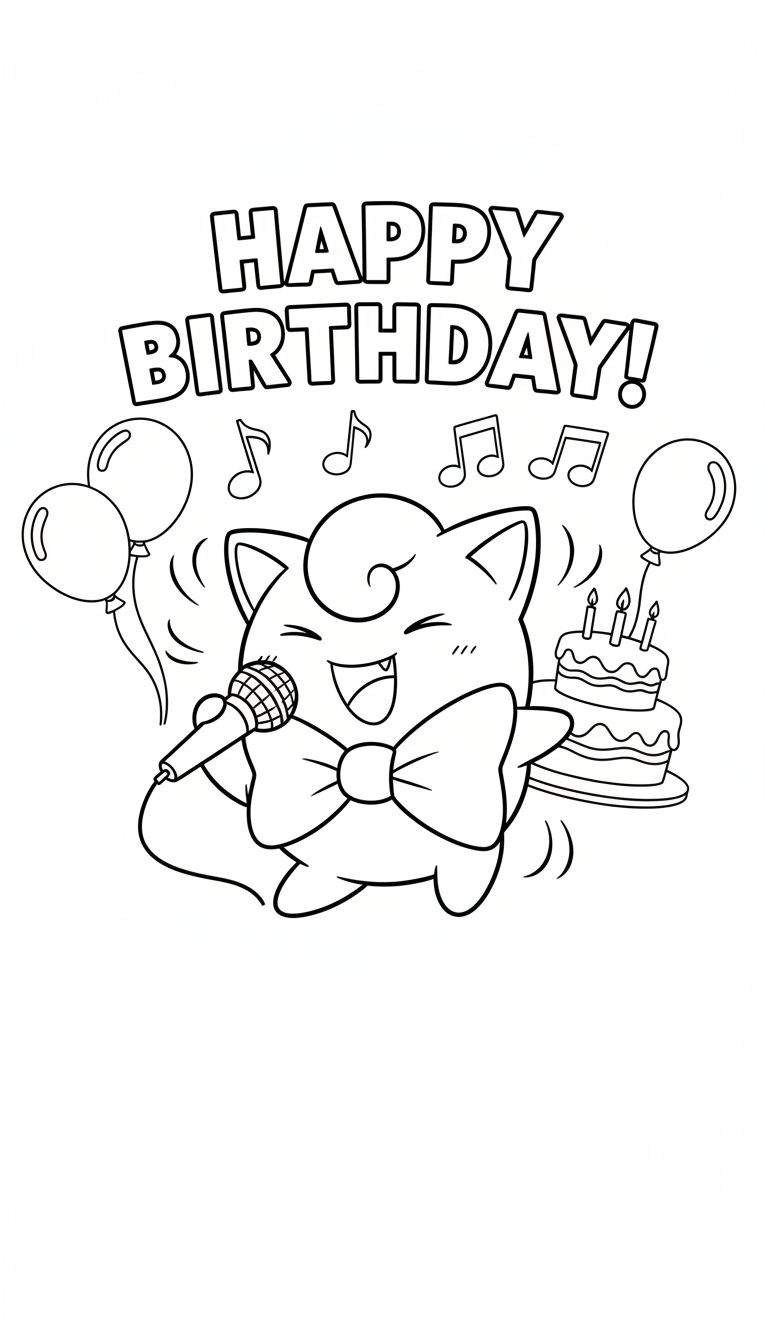Zwart-witte lijntekening van een vrolijke Jigglypuff die Happy Birthday zingt met een microfoon en vlinderdas, omringd door zwevende muzieknoten, feestelijke ballonnen en een verjaardagstaart met vier kaarsjes.