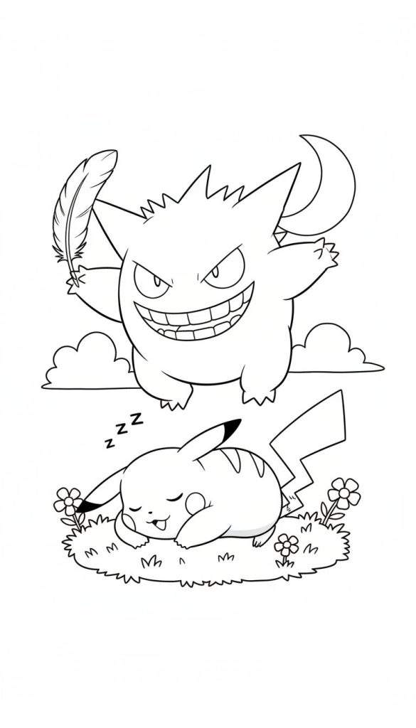 Zwart-wit kleurplaat van Gengar die van bovenaf met een veer de slapende Pikachu in het gras kietelt. Gengar heeft een ondeugende grijns, terwijl Pikachu vredig ligt te dromen met 'Zzz' boven zijn hoofd.