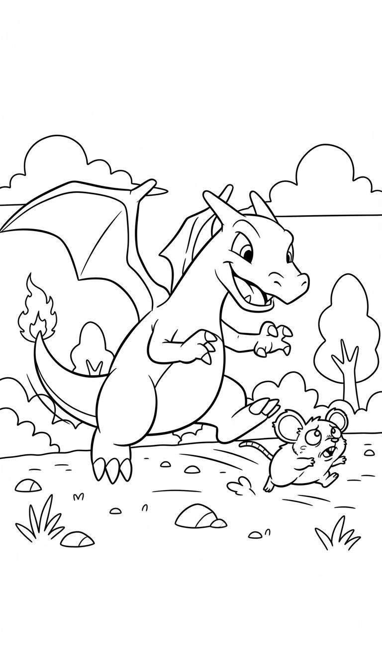 Zwart-witte kleurplaat van een lachende Charizard-achtige draak die naar een angstige, wegrennende muis kijkt, in een landschap met wolken, een boom en gras.