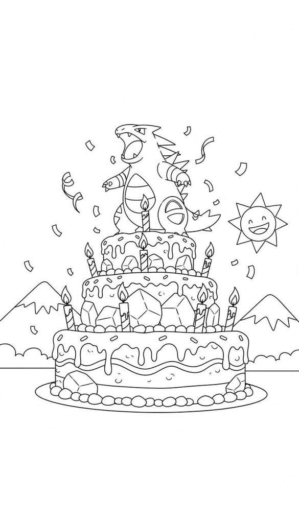 Zwart-wit kleurplaat van een feestelijke drielaagse verjaardagstaart met een brullende Tyranitar Pokémon, brandende kaarsen, confetti, een lachende zon en bergen op de achtergrond.