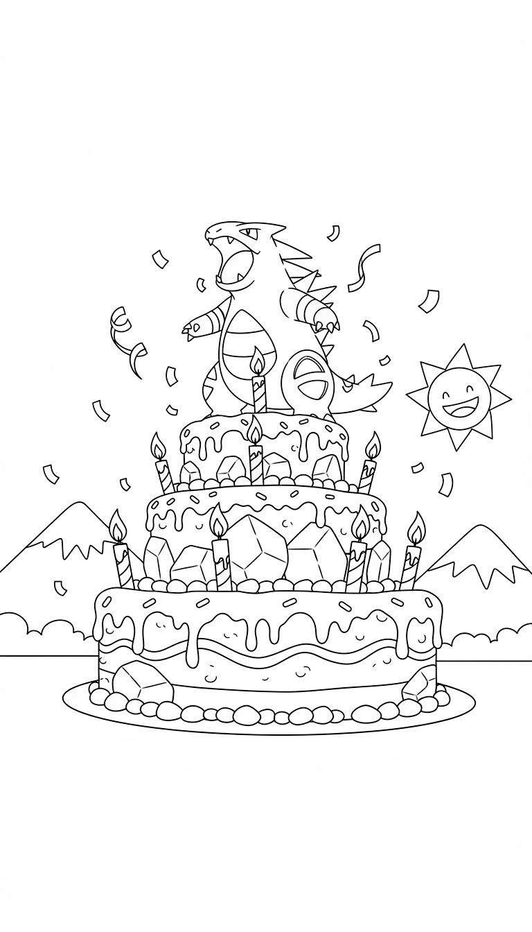 Zwart-wit kleurplaat van een feestelijke drielaagse verjaardagstaart met een brullende Tyranitar Pokémon, brandende kaarsen, confetti, een lachende zon en bergen op de achtergrond.