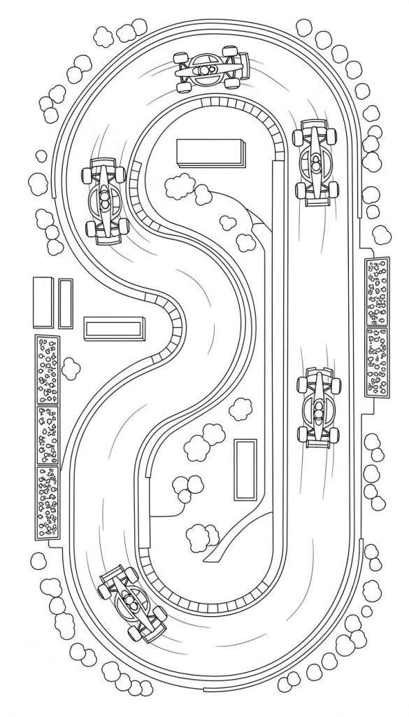 Kleurplaat van een Red Bull Formule 1 racecircuit vanuit vogelperspectief met vijf raceauto's, struiken, gebouwen en kerbstones.