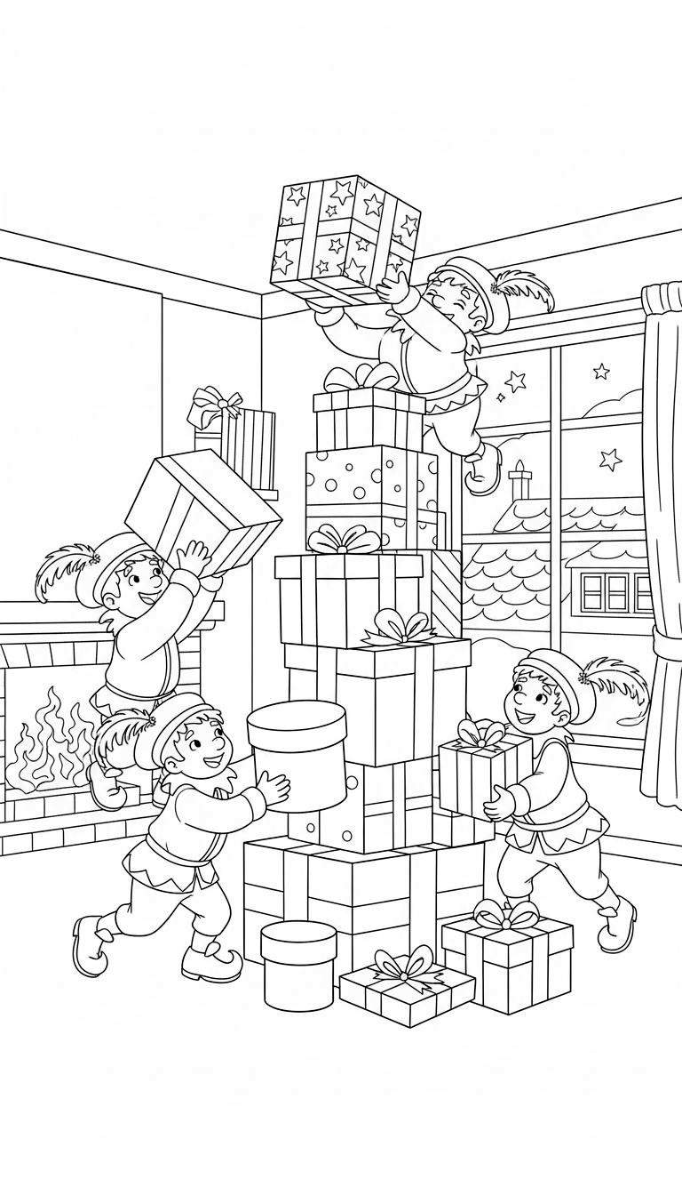 Kleurplaat van vier elfjes of kabouters die druk cadeautjes stapelen in een gezellige kamer met een open haard en een raam met winterlandschap, voor Sinterklaas.