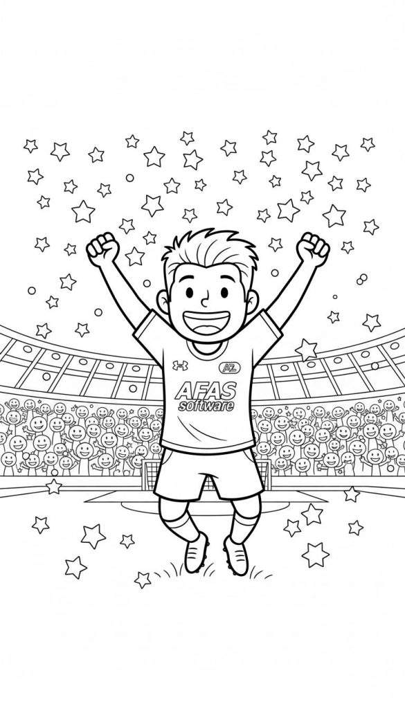 Kleurplaat van een juichende jongen in AZ voetbaltenue met Under Armour en AFAS logo's, op een voetbalveld voor een stadion vol lachende smileys en een voetbaldoel.