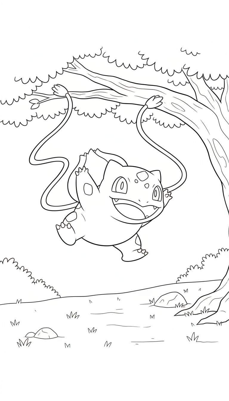 Zwart-wit kleurplaat van een vrolijke Bulbasaur die aan ranken uit zijn rug zwaait, hangend aan een boom boven een grasrijke grond met stenen.