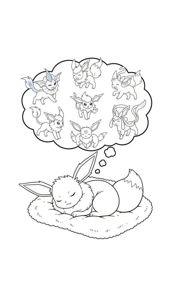 Zwart-wit kleurplaat van een slapende Eevee die droomt over al zijn evoluties (Vaporeon, Flareon, Jolteon, Espeon, Umbreon, Leafeon, Glaceon, Sylveon) in een gedachtewolkje.