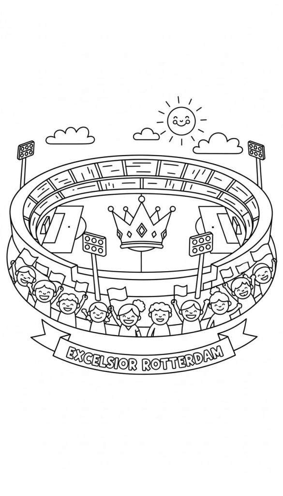 Zwart-wit kleurplaat van Excelsior Rotterdam voetbalstadion met kroon op veld, juichende kinderen met vlaggen, spandoek en lachende zon.