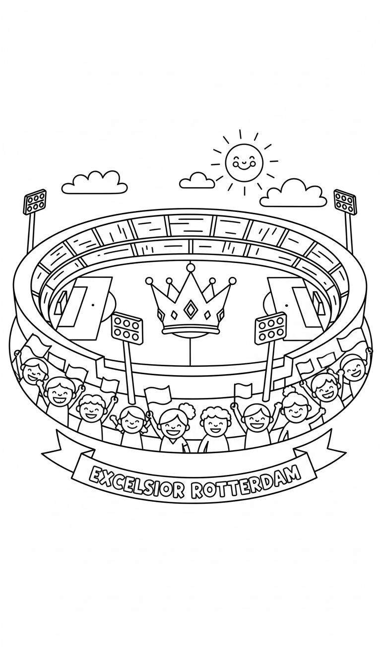 Zwart-wit kleurplaat van Excelsior Rotterdam voetbalstadion met kroon op veld, juichende kinderen met vlaggen, spandoek en lachende zon.