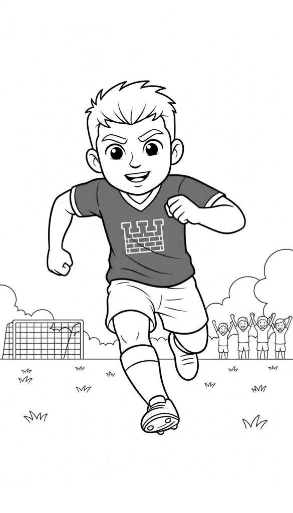 Zwart-wit kleurplaat van een juichende jonge FC Twente voetballer met clublogo, een voetbaldoel en juichende fans op een grasveld.