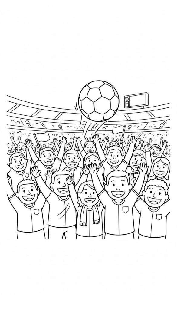 Zwart-wit kleurplaat van een juichende Feyenoord menigte in een voetbalstadion, met een vliegende voetbal en een vlag.