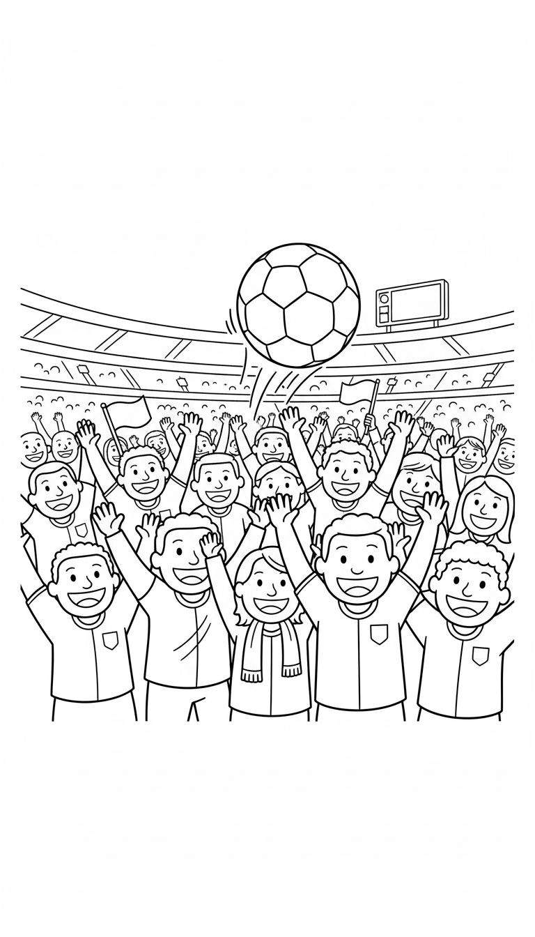 Zwart-wit kleurplaat van een juichende Feyenoord menigte in een voetbalstadion, met een vliegende voetbal en een vlag.