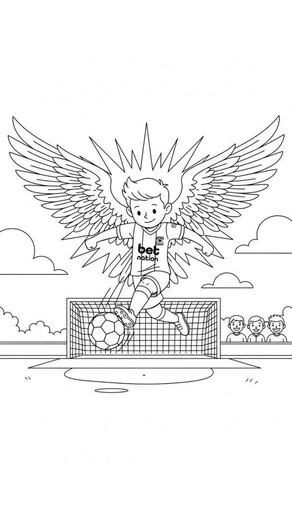 Zwart-wit kleurplaat van een engelachtige Go Ahead Eagles voetballer met vleugels en stralenkrans, in een 'Betnation' shirt, die juichend een doelpunt scoort met de bal deels in het net. Drie lachende toeschouwers kijken toe.