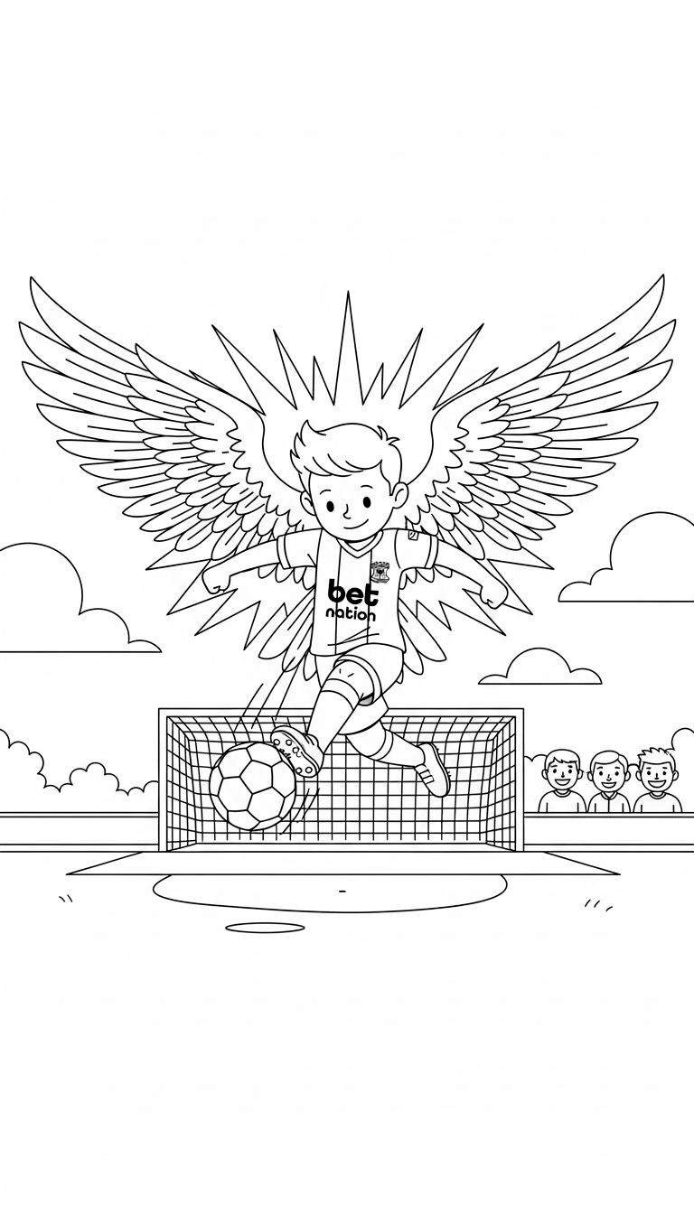 Zwart-wit kleurplaat van een engelachtige Go Ahead Eagles voetballer met vleugels en stralenkrans, in een 'Betnation' shirt, die juichend een doelpunt scoort met de bal deels in het net. Drie lachende toeschouwers kijken toe.