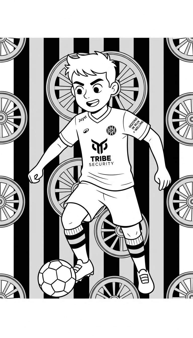 Kleurplaat van een lachende jonge Roda JC voetballer met piekhaar, in actie met de bal aan zijn rechtervoet, omringd door dynamische strepen en wielen.