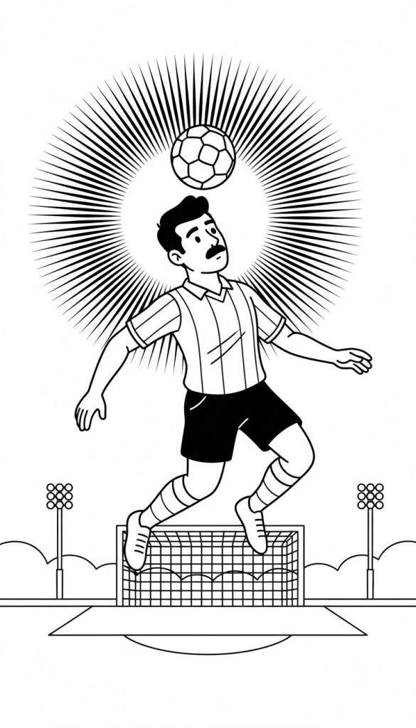 Zwart-wit kleurplaat van een Sparta Rotterdam voetballer met snor die in de lucht springt op de dwarsligger van een voetbaldoel om een zwevende voetbal te koppen, met stralenkrans en stadionachtergrond.