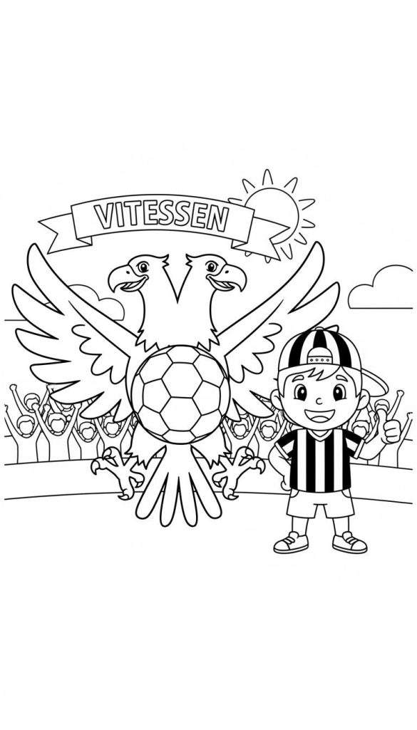 Zwart-wit kleurplaat van Vitesse met een tweekoppige adelaar die een voetbal vasthoudt, omringd door juichende fans en een lachende jongen.