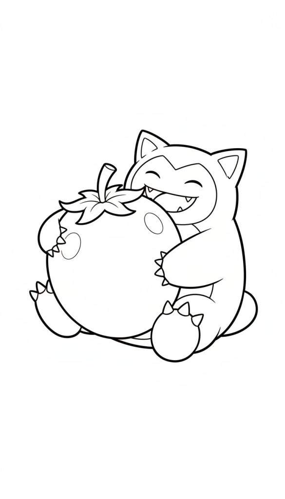 Lachende Snorlax, de Pokémon, zit en omhelst een enorme tomaat met hapjes, in de stijl van een zwart-wit lijntekening kleurplaat.