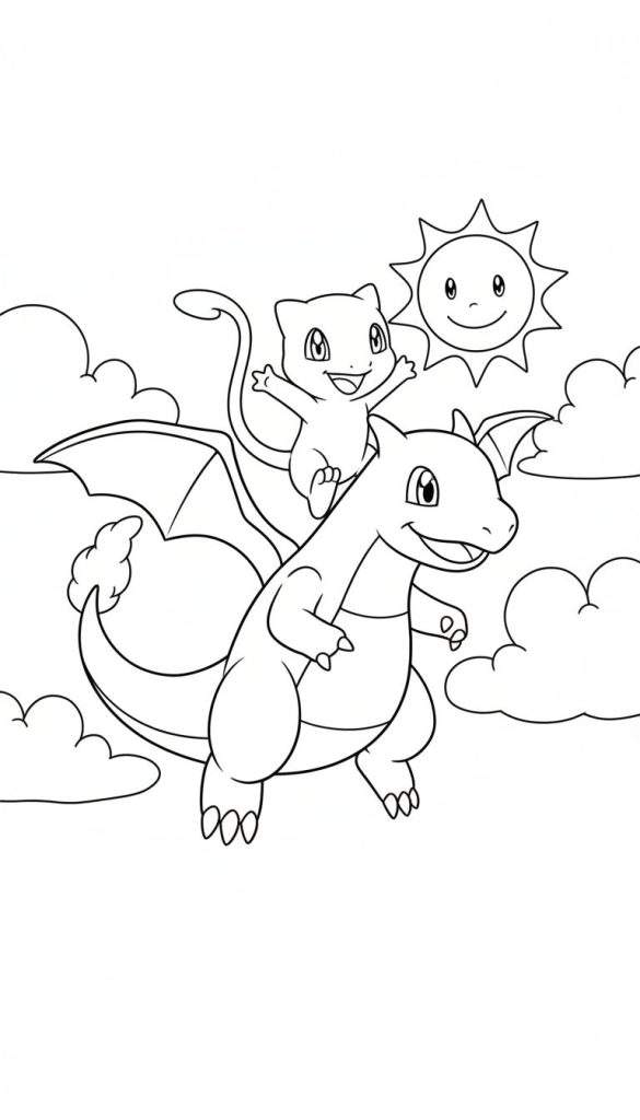 Kleurplaat: Pokémon Charizard (of Charmeleon) vliegend met Mew op zijn rug, lachend in de lucht tussen wolken en een lachende zon.