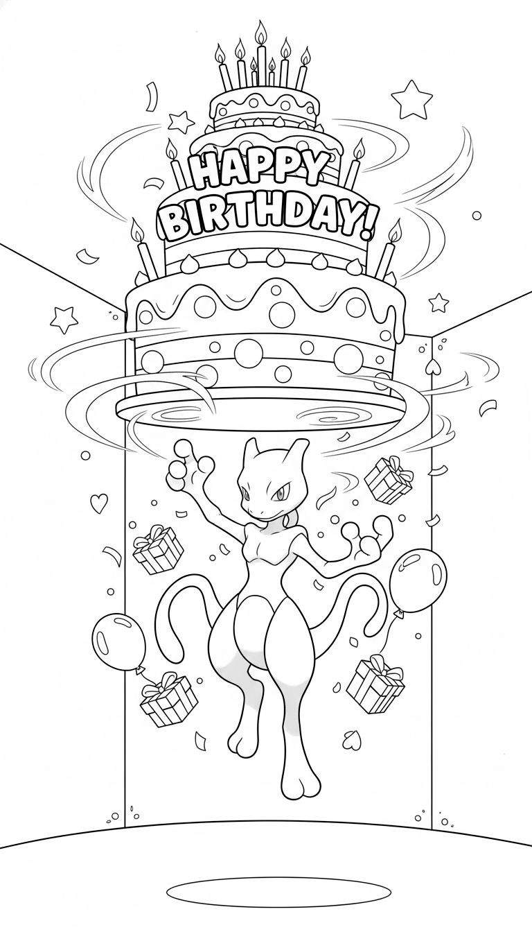 Mewtwo houdt een grote drielaagse verjaardagstaart vast met 'HAPPY BIRTHDAY' erop, omringd door brandende kaarsjes, ballonnen, cadeautjes en confetti.