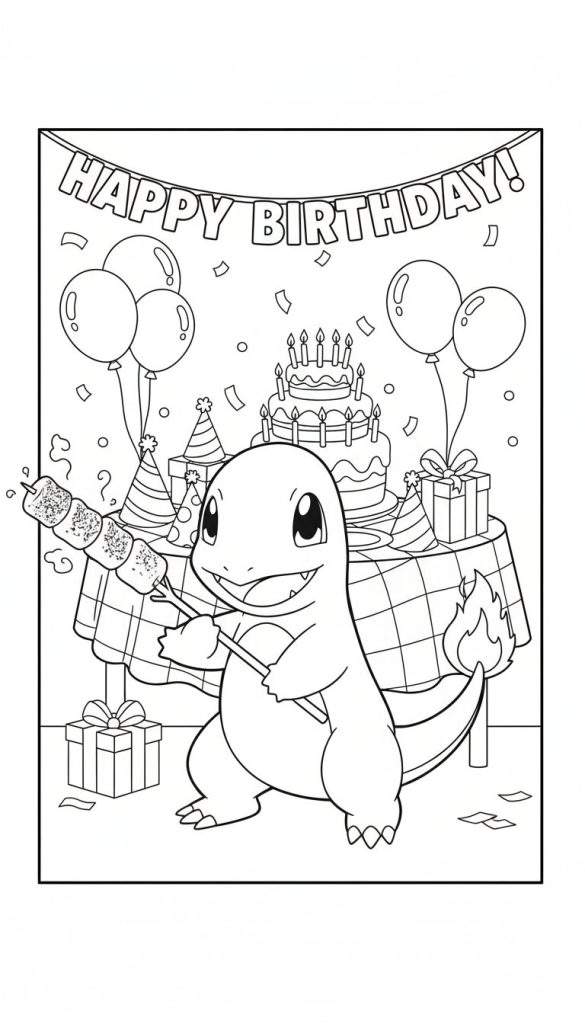 Kleurplaat van Charmander op een verjaardagsfeestje, marshmallows roosterend met zijn staartvlam, met een taart, ballonnen en 'HAPPY BIRTHDAY!' slinger.