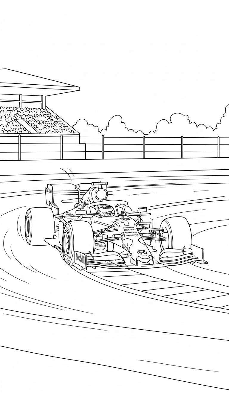 Zwart-witte Formule 1 Red Bull kleurplaat van een raceauto met coureur die snel door een bocht rijdt, met tribune, toeschouwers en bomen op de achtergrond.