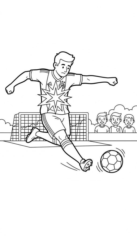 Zwart-wit kleurplaat van een Ajax voetballer met vier sterren op zijn shirt die een voetbal trapt, met een doel en drie glimlachende supporters op de achtergrond.