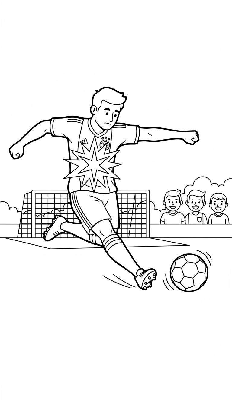 Zwart-wit kleurplaat van een Ajax voetballer met vier sterren op zijn shirt die een voetbal trapt, met een doel en drie glimlachende supporters op de achtergrond.