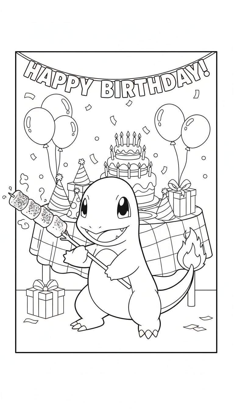 Kleurplaat van Charmander op een verjaardagsfeestje, marshmallows roosterend met zijn staartvlam, met een taart, ballonnen en 'HAPPY BIRTHDAY!' slinger.