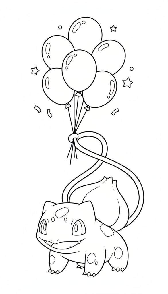 Vrolijke Bulbasaur kleurplaat met zes zwevende ballonnen, sterretjes en confetti, Bulbasaur glimlacht.