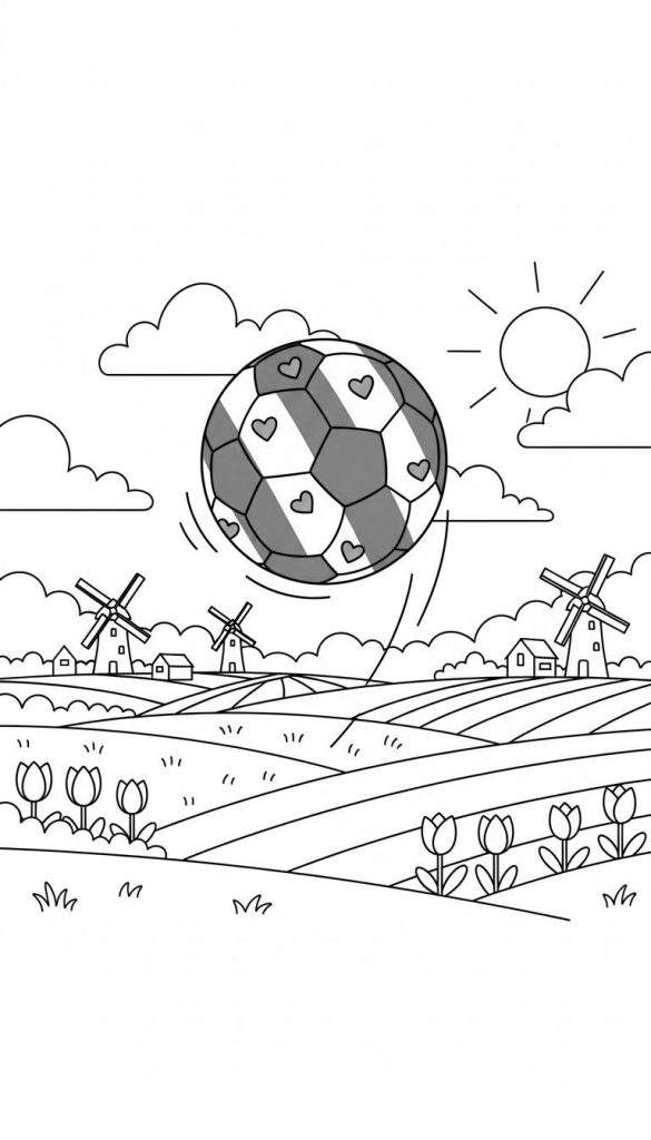 Zwart-wit kleurplaat met een grote voetbal in beweging met hartjes, omringd door een Fries landschap met windmolens, tulpen, heuvels, zon en wolken. Thema: SC Heerenveen.