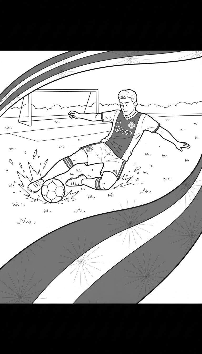 Kleurplaat van een Ajax-voetballer in actie, makend een sliding om de bal te raken. Hij draagt een tenue met Ziggo-logo en de drie Ajax-kruisjes. Op de achtergrond staat een voetbaldoel en gestileerde bewegingslijnen.