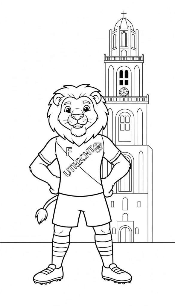 Zwart-wit lijntekening van een cartoonleeuw (FC Utrecht mascotte) in voetbaltenue met "F UTRECHT" op zijn shirt, staand voor de iconische Domtoren in Utrecht. Geschikt als kleurplaat.