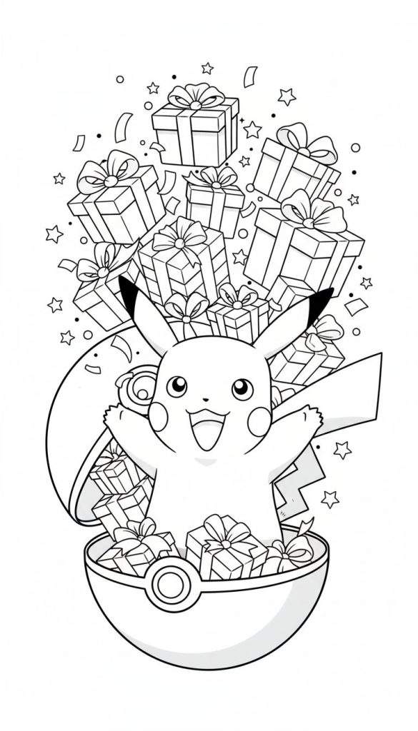 Zwart-wit lijntekening van een breed lachende, blije Pikachu met wijd open armen, die uit een Pokébal vol cadeautjes springt. Om hem heen zweven meer ingepakte cadeaus, sterren, stippen en confetti, wat zorgt voor een feestelijke sfeer.