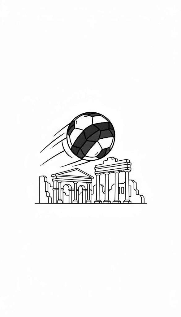 Lijntekening van een voetbal die met snelheid over de ruïnes van een antieke poort en een klassieke tempel zweeft, met een NEC-thema.