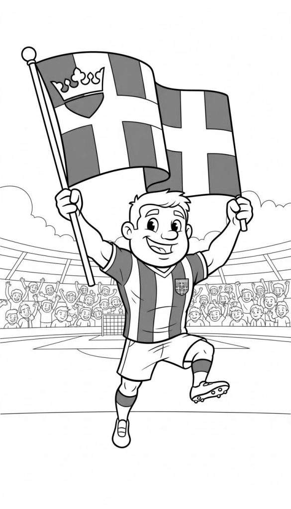 Kleurplaat: Een vrolijke PEC Zwolle voetballer juicht met de clubvlag in een vol stadion met feestende supporters.