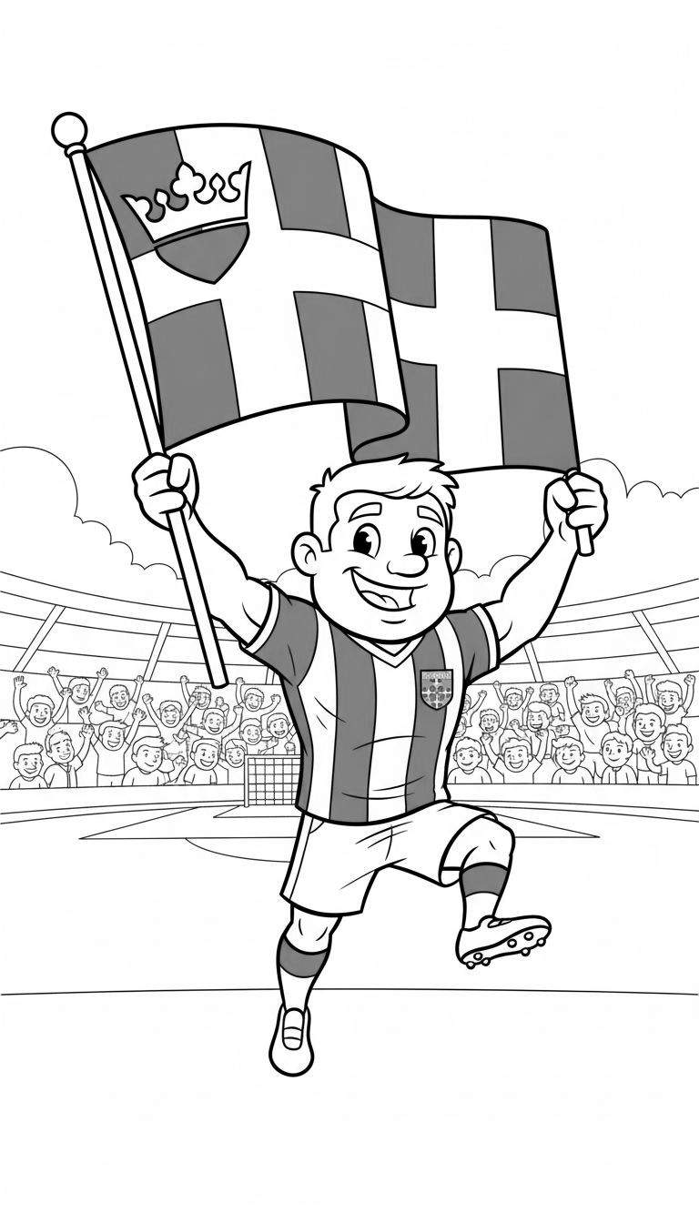 Kleurplaat: Een vrolijke PEC Zwolle voetballer juicht met de clubvlag in een vol stadion met feestende supporters.